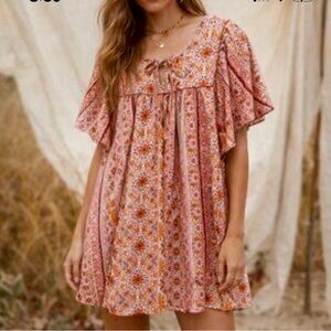 NWT Band Of The Free Floral Tunic Babydoll Dress Pink and Brown Sz S Bohemian